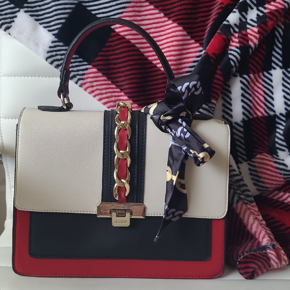 Aldo Black and Red Handbag with Gold Chain And Long Strap